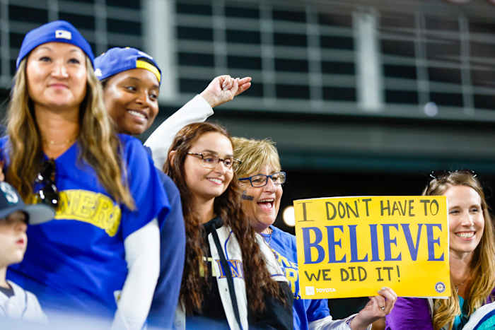 Sep 30, 2022; Seattle, Washington, USA; Seattle Mariners fans cheer following a 2-1 victory against the Oakland Athletics to clinch a wild card playoff berth at T-Mobile Park.